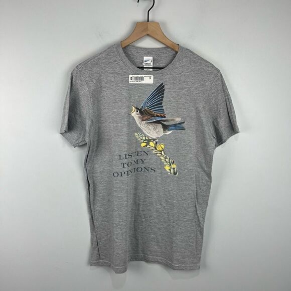 Gildan Soft Style Grey Bird Listen to My Opinions T Shirt M NWT - Picture 1 of 5
